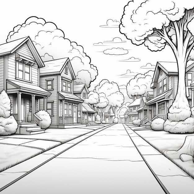 Photo a cartoon drawing of a suburban neighborhood with a tree lined street generative ai