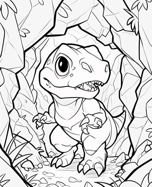 A cartoon drawing of a t - rex in a cave.