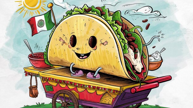 Foto un disegno di cartone animato di un taco con una faccia su di esso