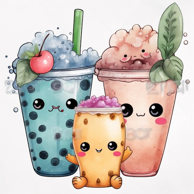 A cartoon drawing of three bubble tea cups with a cute face and a cherry on the top.