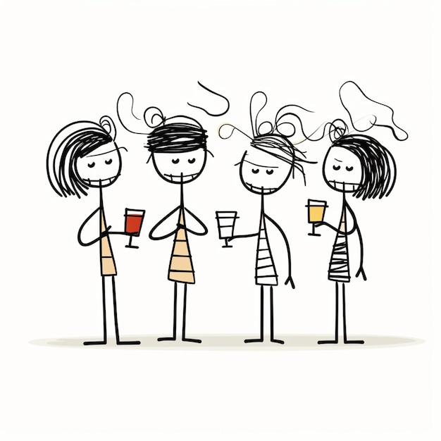 cartoon drawing of three people having a drink together generative ai