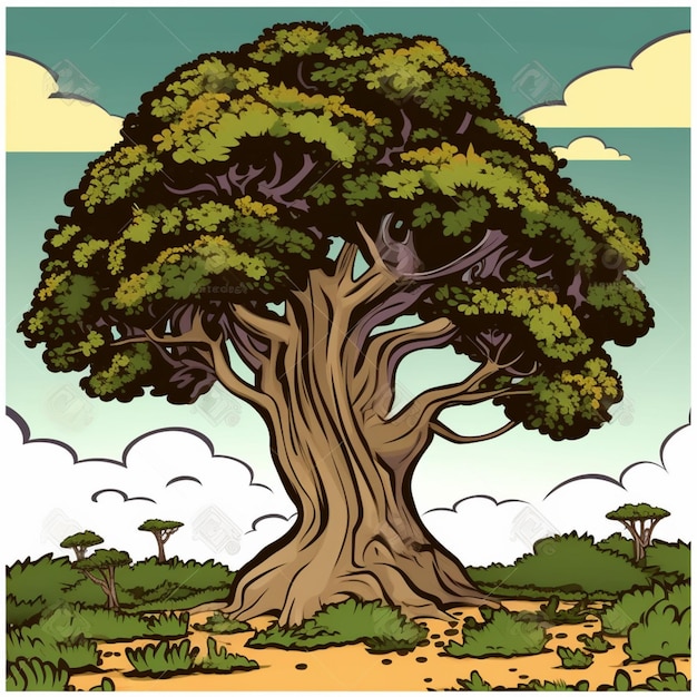 A cartoon drawing of a tree with a cloudy sky in the background.