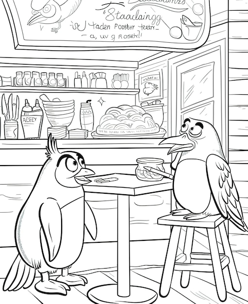 a cartoon drawing of two birds on a counter with a sign saying  the word  on it