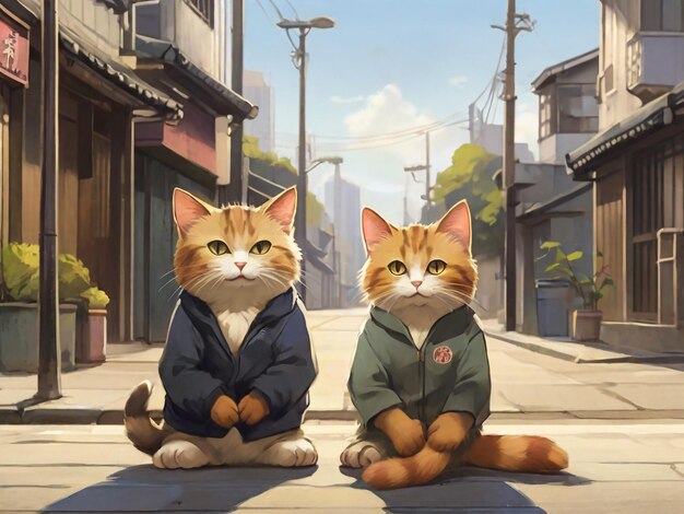 A cartoon drawing of two cats sitting on a street with a sign that saysshibuya