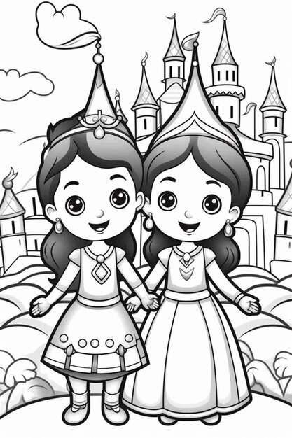 a cartoon drawing of two girls in front of a castle generative ai