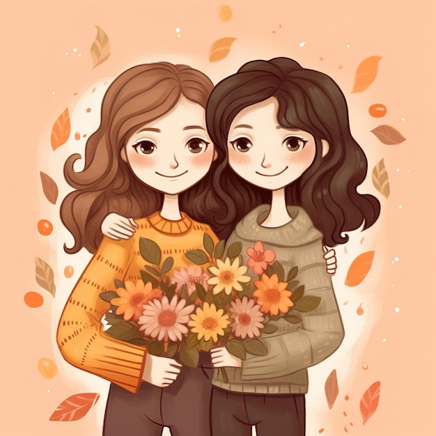 A cartoon drawing of two girls holding flowers and the words happy birthday