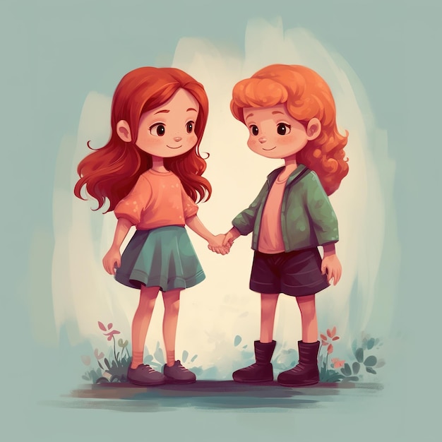 Карикатурный рисунок двух девушек, держащихся за руки, и слово внизу справа