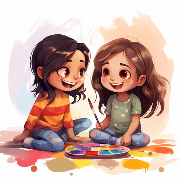 Cartoon Drawing Of Two Girls Sitting On The Floor With Paint