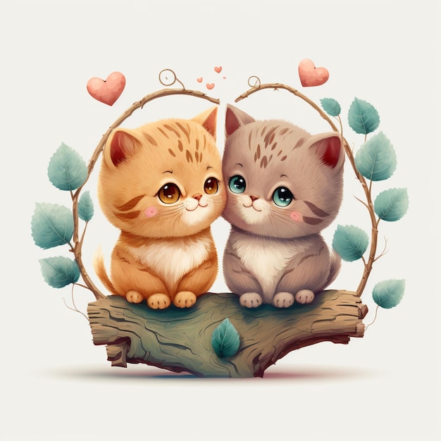 A cartoon drawing of two kittens with blue eyes and blue eyes sitting on a branch with a heart shaped leaf.