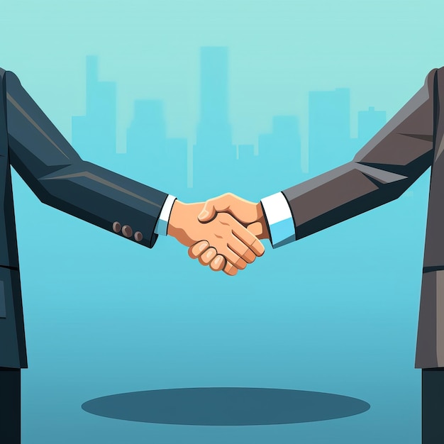 Photo a cartoon drawing of two men shaking hands with city in the background