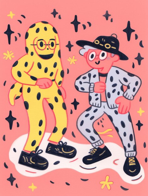 cartoon drawing of two people dressed in polka dot costumes generative ai