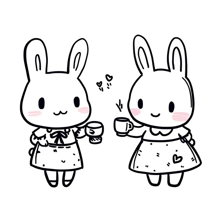 Photo お茶とコーヒーを飲んでいる2匹のウサギの漫画