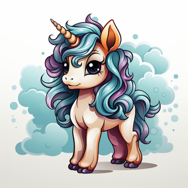 a cartoon drawing of a unicorn with blue hair and clouds in the background