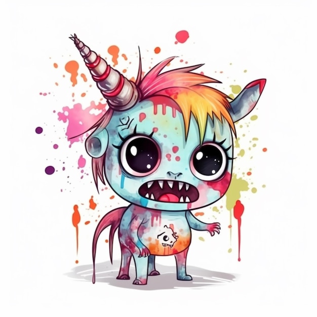 A cartoon drawing of a unicorn with a rainbow horn on his head.