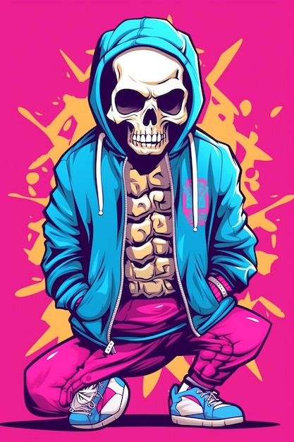 Карикатурный рисунок городского скелета в капюшоне и наушниках в стиле граффити