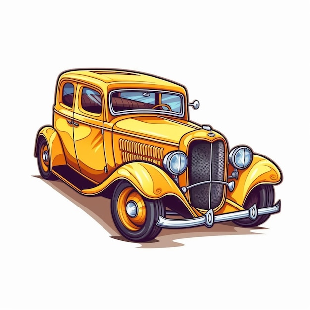 A cartoon drawing of a vintage yellow car