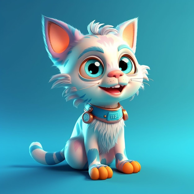 A cartoon drawing of a white cat with blue eyes and a blue collar.