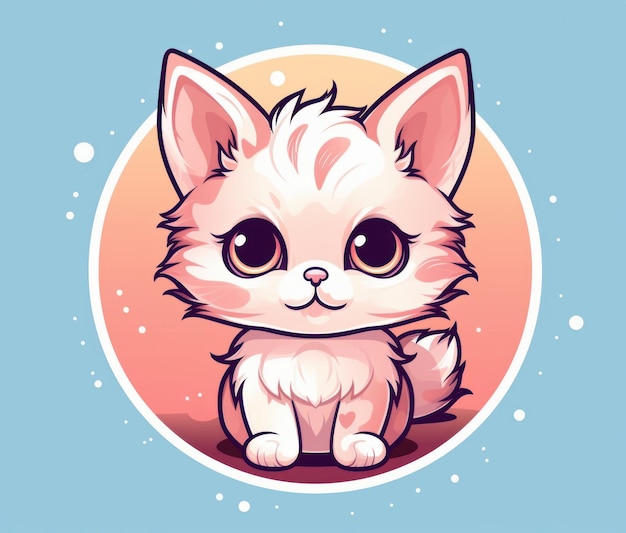 A cartoon drawing of a white cat with a pink circle in the background.