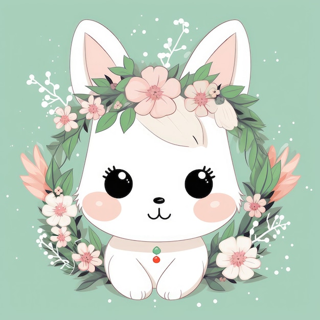 A cartoon drawing of a white rabbit with a flower wreath on it.