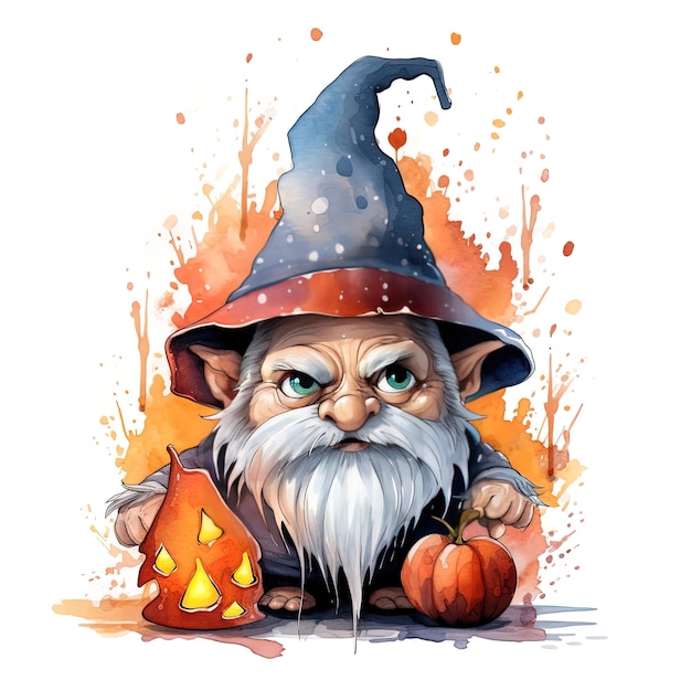 Photo a cartoon drawing of a wizard with a pumpkin and a pumpkin.