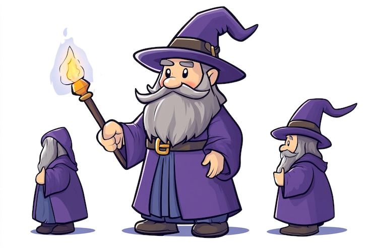 Photo a cartoon drawing of a wizard with a torch and a fire