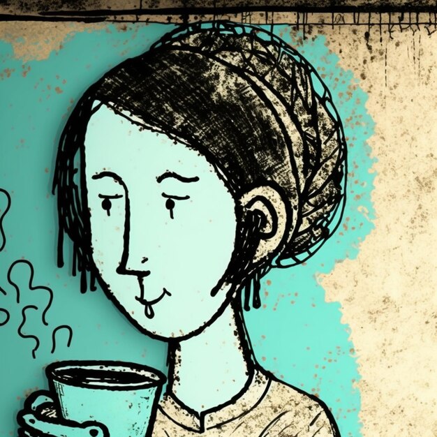 Cartoon drawing of a woman holding a cup of coffee generative ai