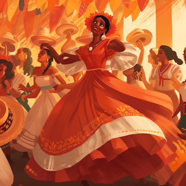 A cartoon drawing of a woman in a red dress with the word fiesta on it.