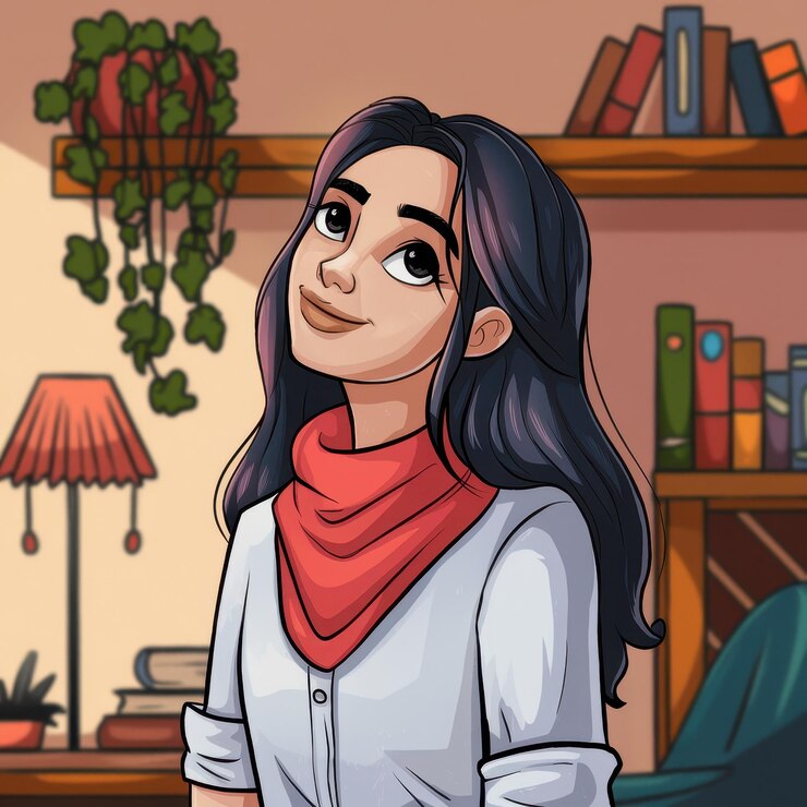 फोटो a cartoon drawing of a woman with a red scarf on her neck