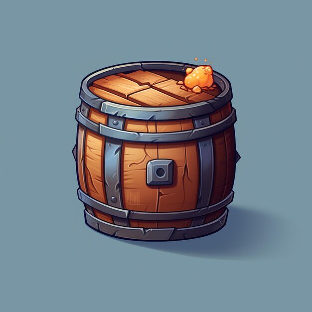 A cartoon drawing of a wooden barrel with a fire in the middle.