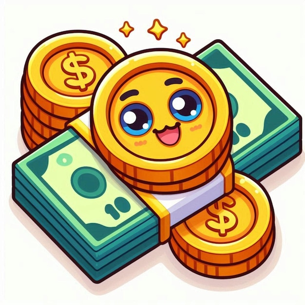 Photo a cartoon drawing of a yellow smiley face with a stack of money