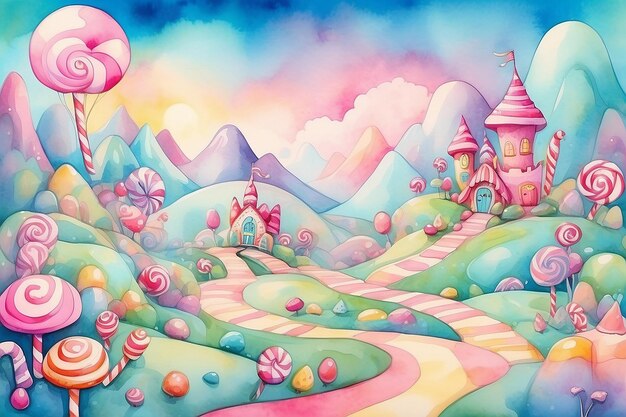 Photo cartoon dreamy background with a whimsical candy land landscape using pastel watercolor colors