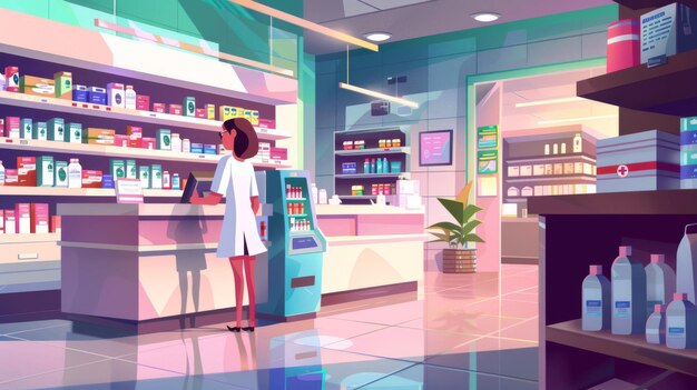 Cartoon drugstore interior with pharmacist at counter desk medical products on shelves and vending machine for free female sanitary pads and tampons modern illustration of a pharmacy with