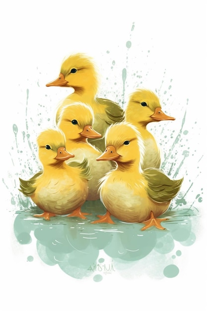 A cartoon duck family is standing in a puddle.