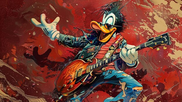 a cartoon of a duck playing a guitar with a guitar in the background
