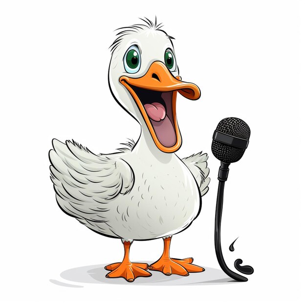 Photo cartoon duck singing into a microphone with a microphone cord generative ai