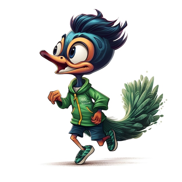 A cartoon of a duck that is running with a green jacket and shorts.