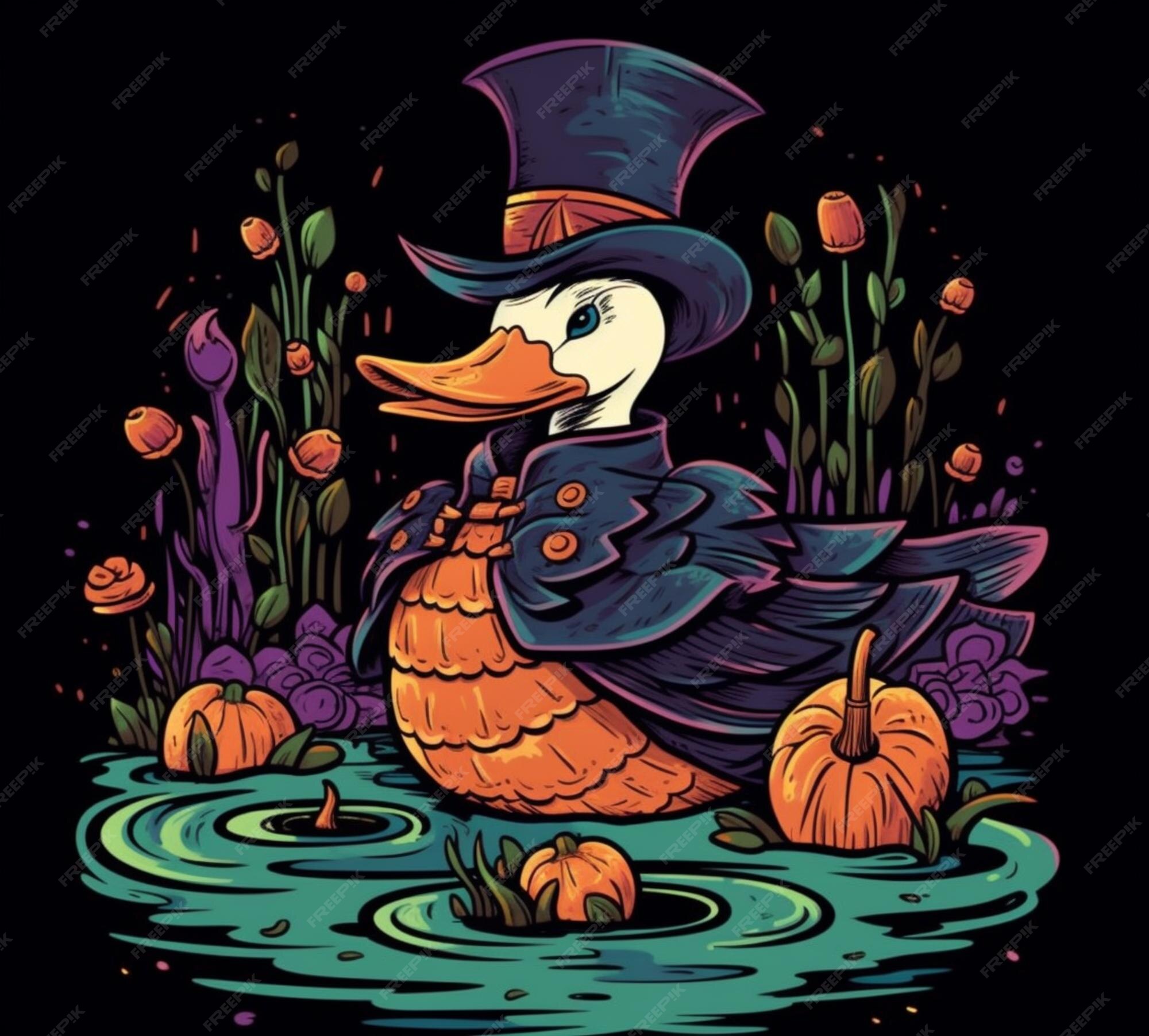 Premium AI Image | A cartoon duck wearing a top hat and a pumpkin