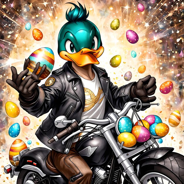 Photo a cartoon of a duck with eggs and a motorcycle with a duck on the front