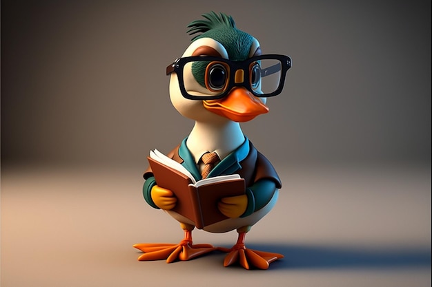 A cartoon duck with glasses and a book