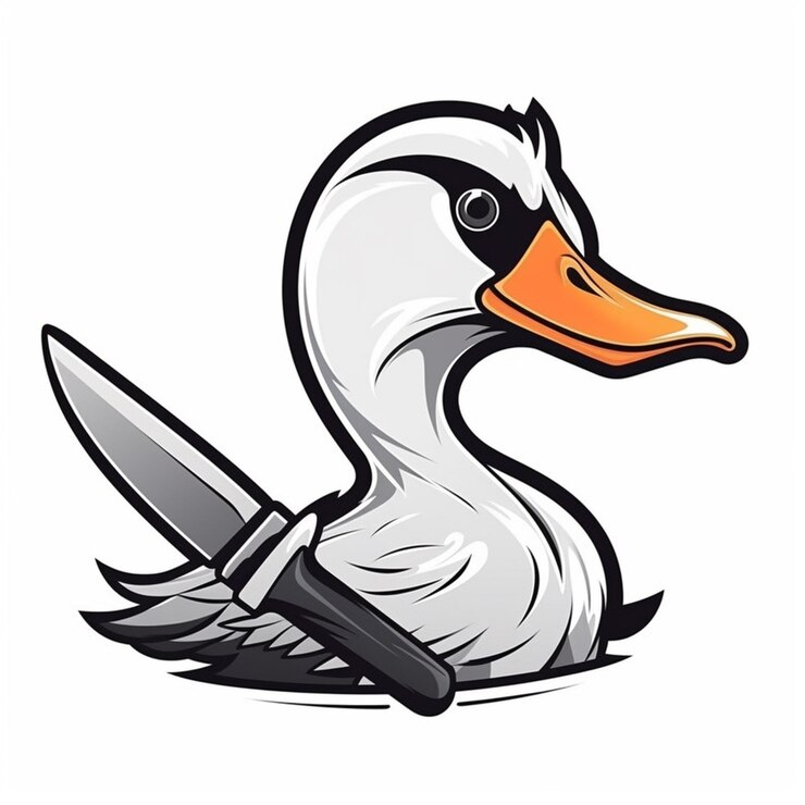 Photo cartoon duck with knife and knife blade on white background generative ai