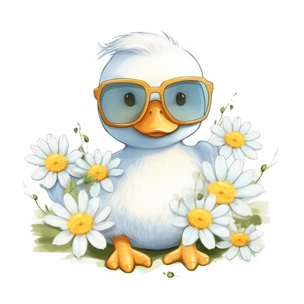 cartoon duck with sunglasses and daisies generative ai