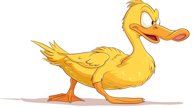 A cartoon duck with a yellow body orange feet and beak and a white belly