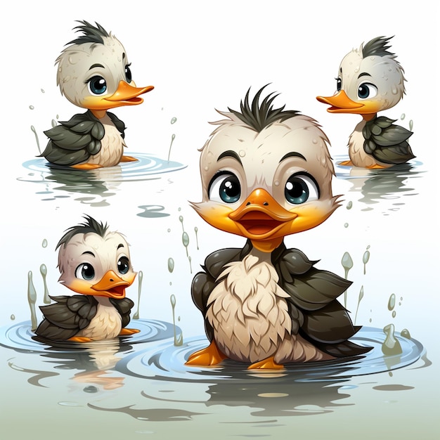 Photo cartoon ducklings in the water with different expressions generative ai