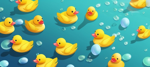 A cartoon of ducks swimming in a pond with bubbles in the background.