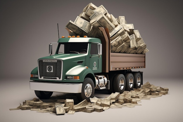 a cartoon dump truck is driving through a pile of money