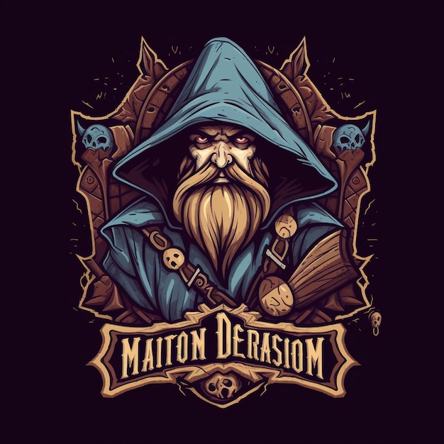 Cartoon dungeon master logo for a gaming brand