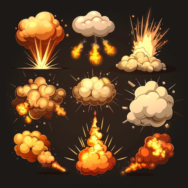 A cartoon dynamite explosion and fire set Smoke and cloud elements used in UXUI games Atomic comic detonators for mobile animation isolated vectors