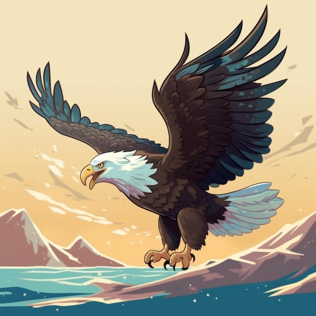 cartoon eagle flying over the water with mountains in the background generative ai