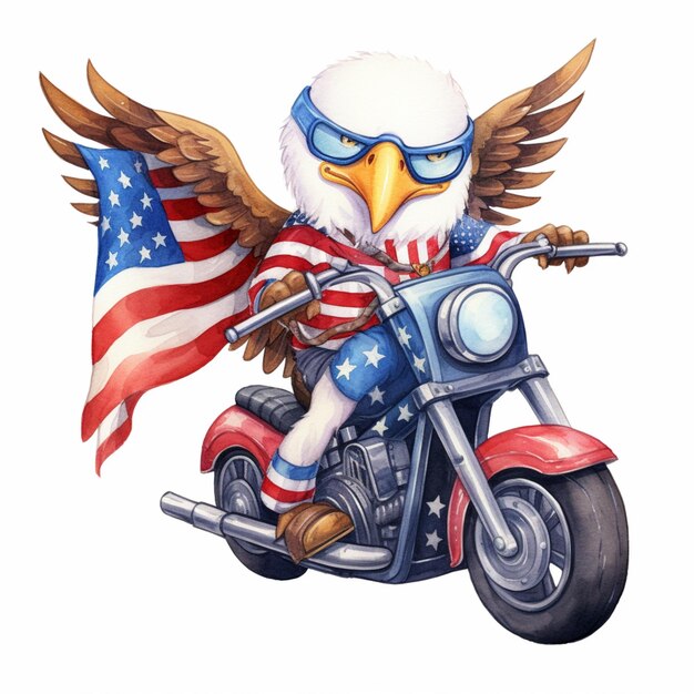 写真 カートゥーン・イーグルが後ろにアメリカ国旗を掲げたバイクに乗っている