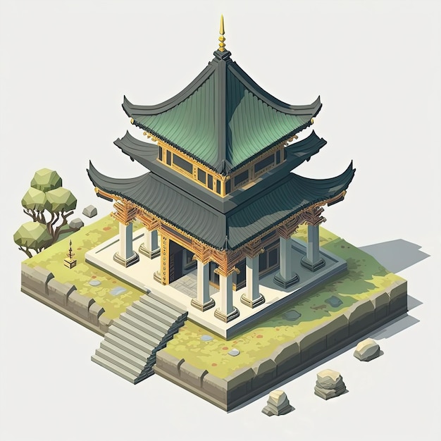 Cartoon East Asian pagoda Game design isometry Generative AI